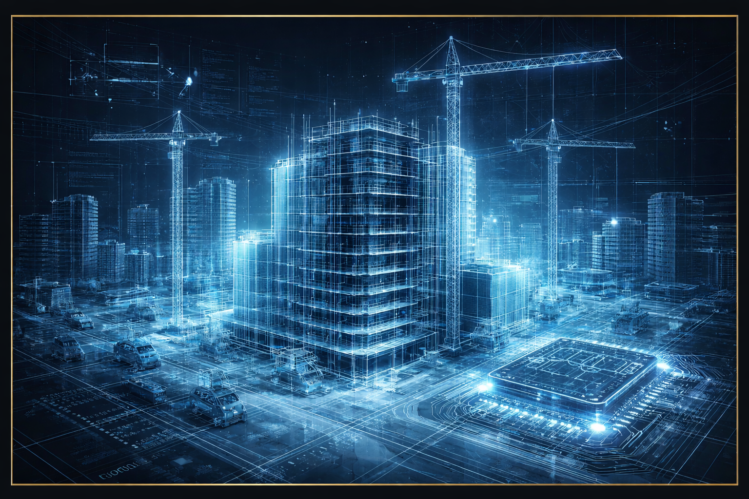 A digital blueprint of a construction site with multiple high-rise buildings, cranes, and vehicles, depicted in glowing blue lines and holographic style.