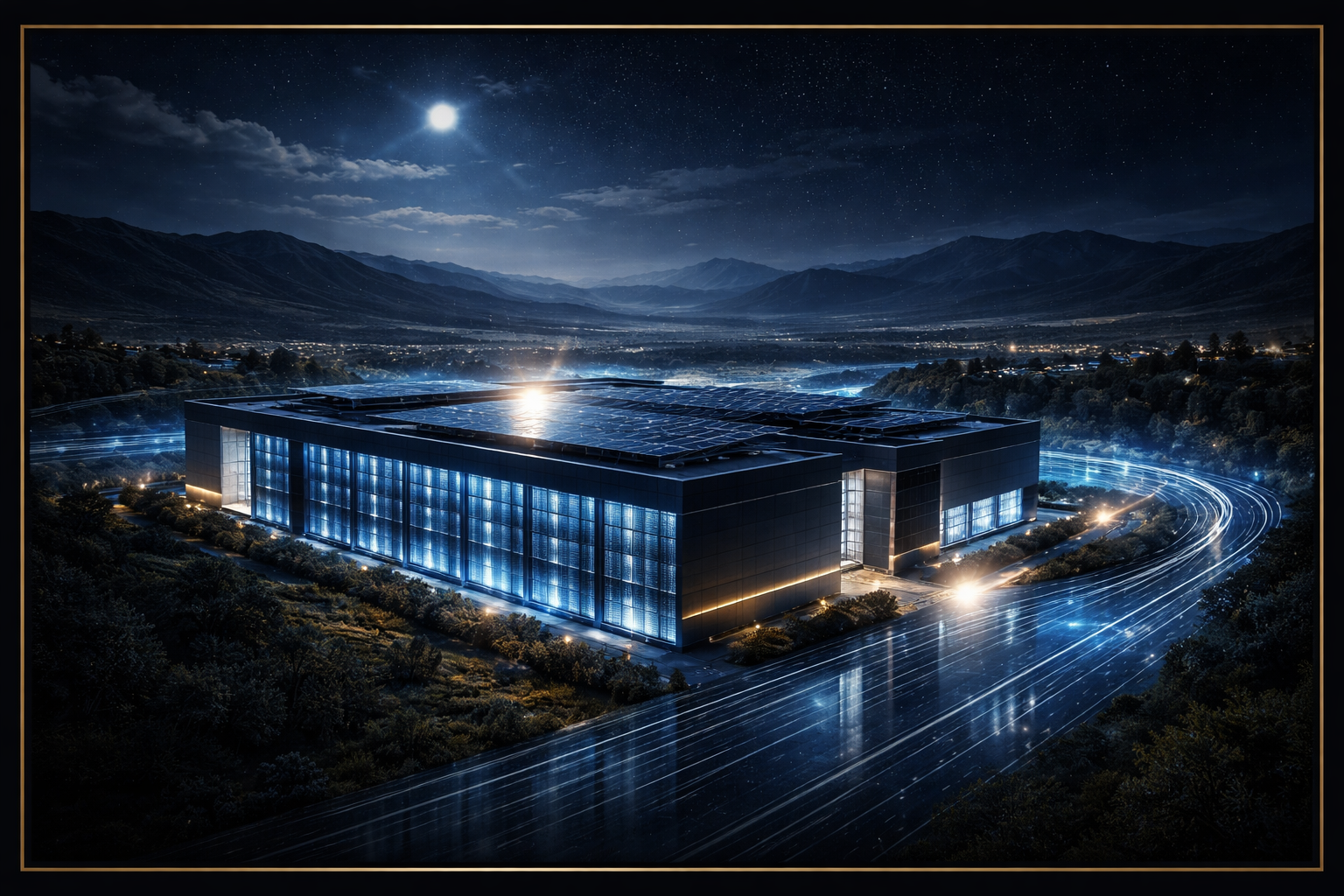 A futuristic building with blue lighting, solar panels on the roof, and a curving road illuminated by streetlights, set in a mountainous landscape under a starry night sky with a bright moon.