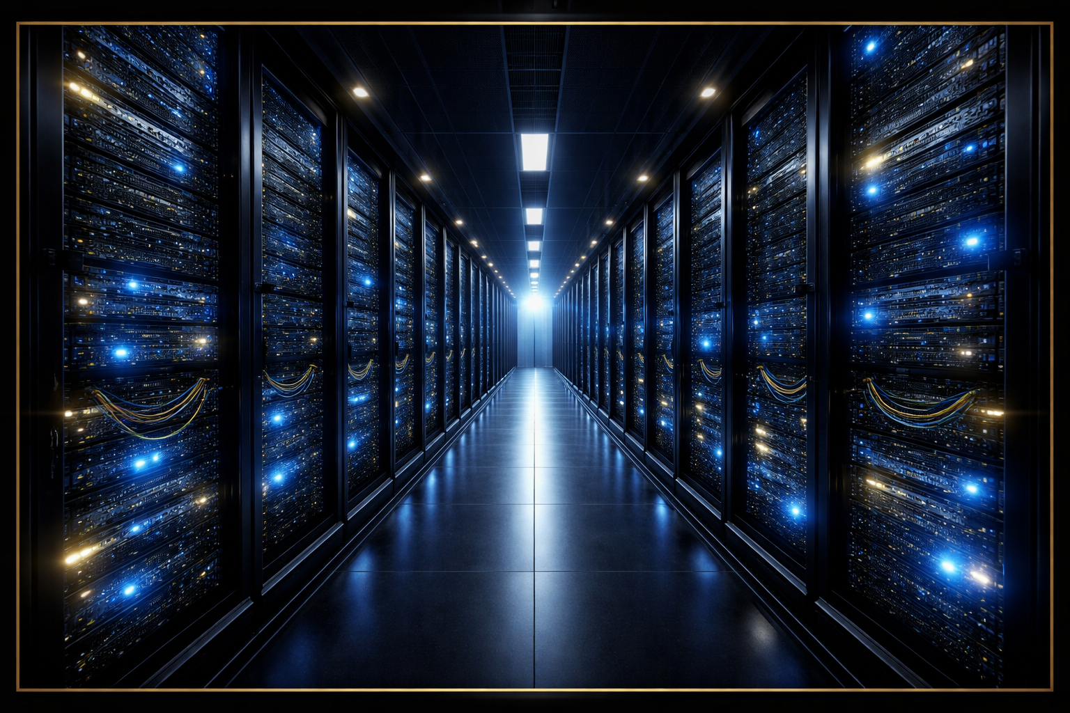 Long corridor of server racks in a data center with blue and white lights, dark floor, and ceiling.