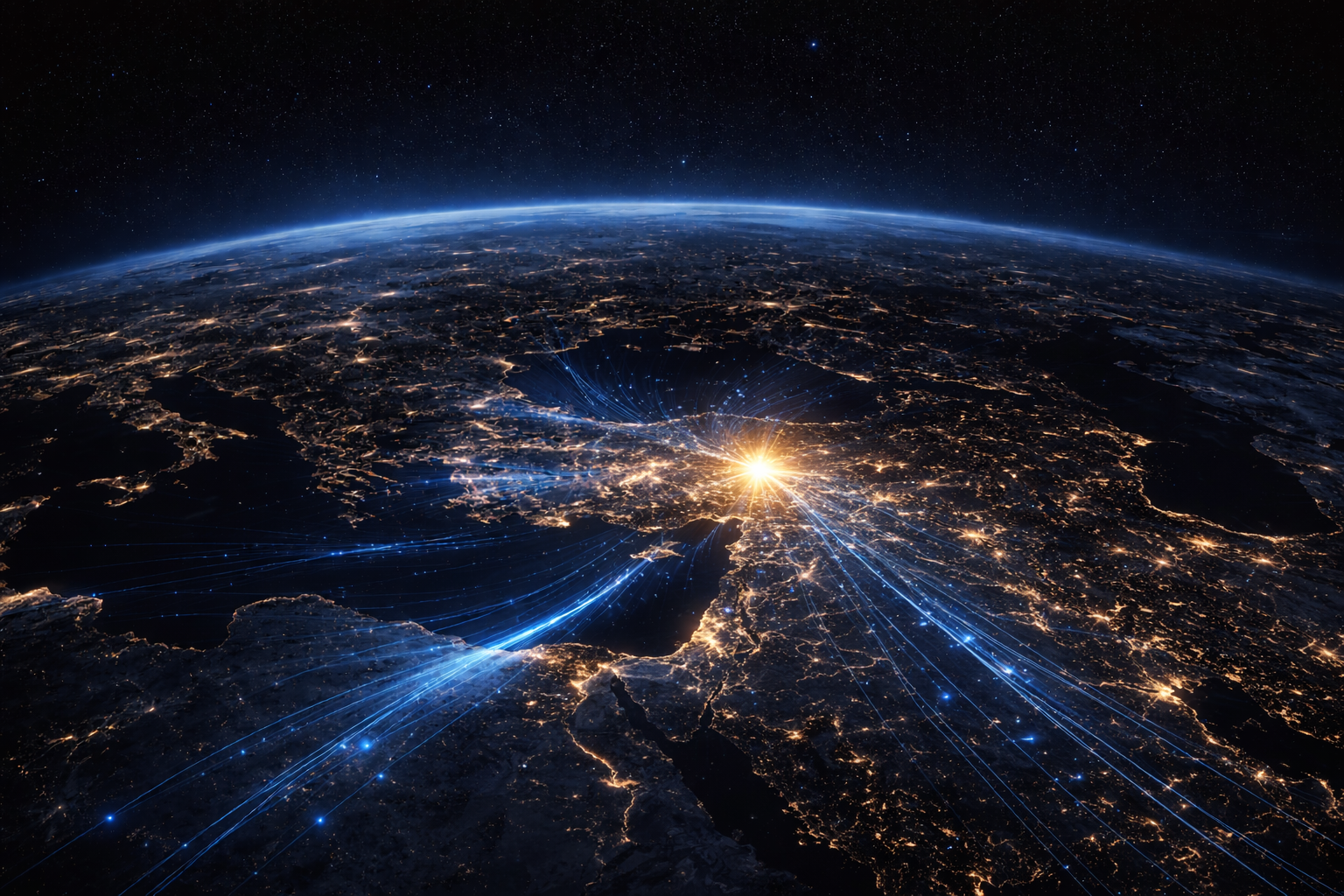 A view of Earth from space showing a bright burst of light over Europe with digital lines emanating from it, indicating data or connectivity, against the backdrop of space with stars and the Earth's curvature.