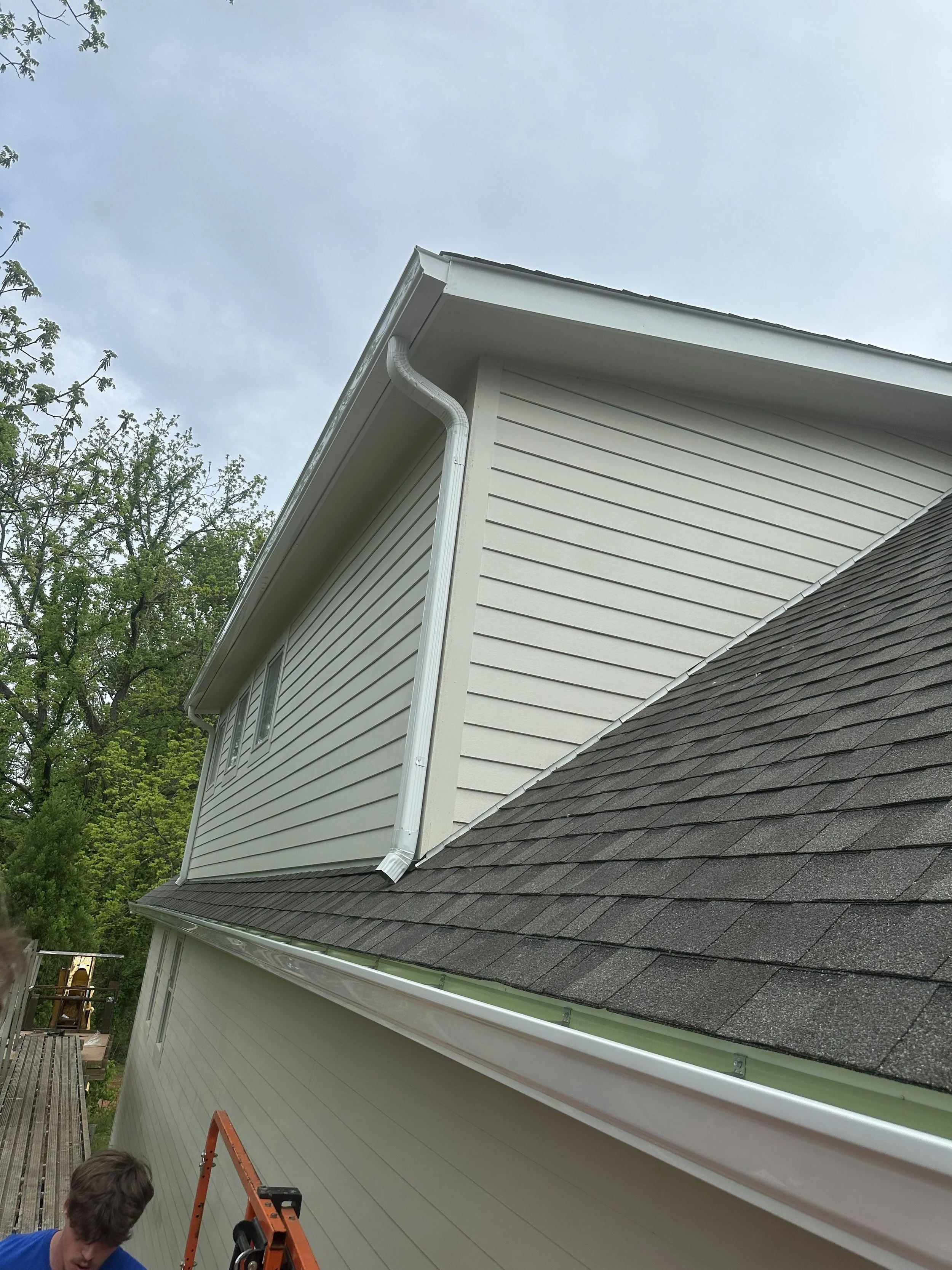 Close-up of a house's exterior showing beige vinyl siding, a white gutter system, and a sloped roof with black shingles. A person with brown hair is visible near an orange ladder in the bottom left corner, and a tree with green leaves is in the backg