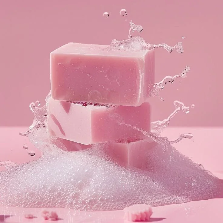 Three pink soap bars stacked with bubbly soap suds and water splashing around them on a pink background.
