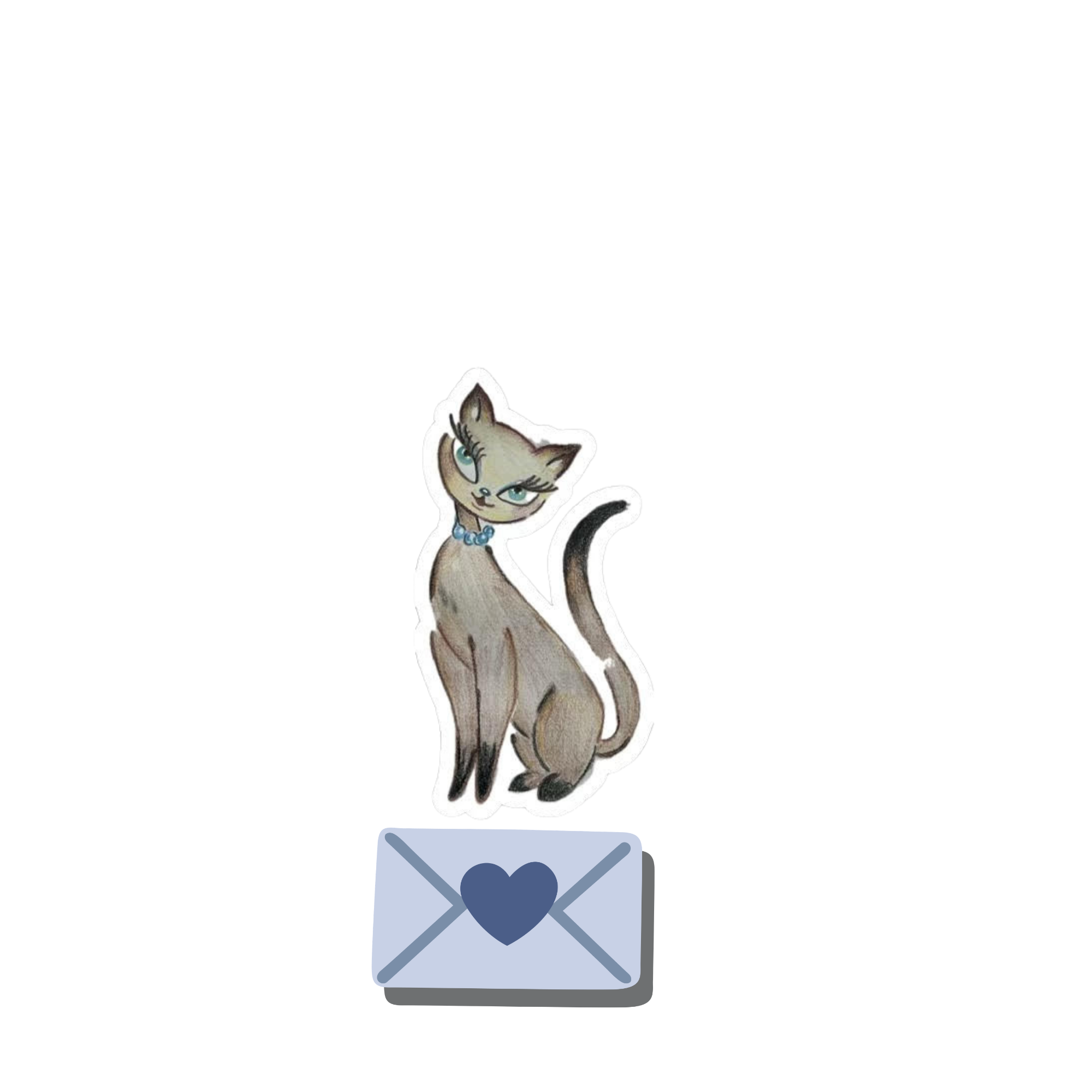 A cartoon cat with blue eyes and a blue collar sitting on a letter envelope decorated with a blue heart.