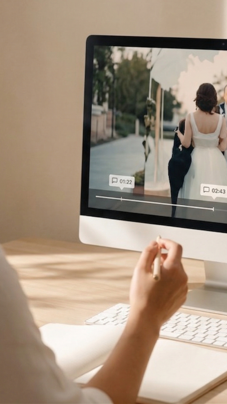 Professional video editor working on a cinematic bridal montage at StoryFrame Studio.