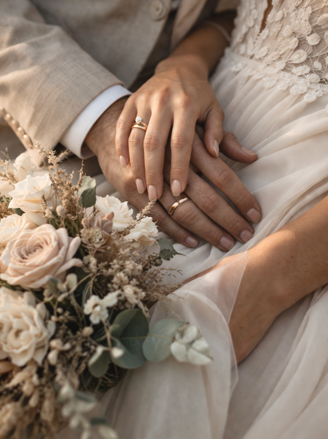 Close-up of a newlywed couple's hands with wedding rings, holding a wedding dress, with a blush-colored bouquet of roses and greenery nearby.