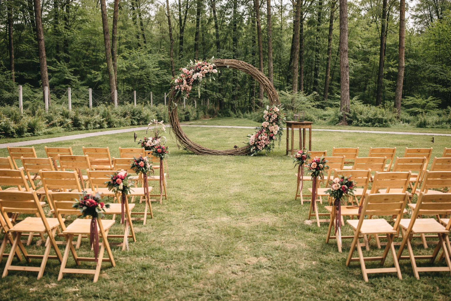 Outdoor wedding ceremony setup highlighting cinematic color grading and post-production by StoryFrame Studio.