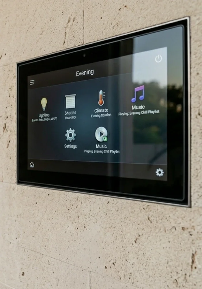 Wall-mounted touchscreen showing an Evening home automation scene with lighting, shades, climate, music and settings controls