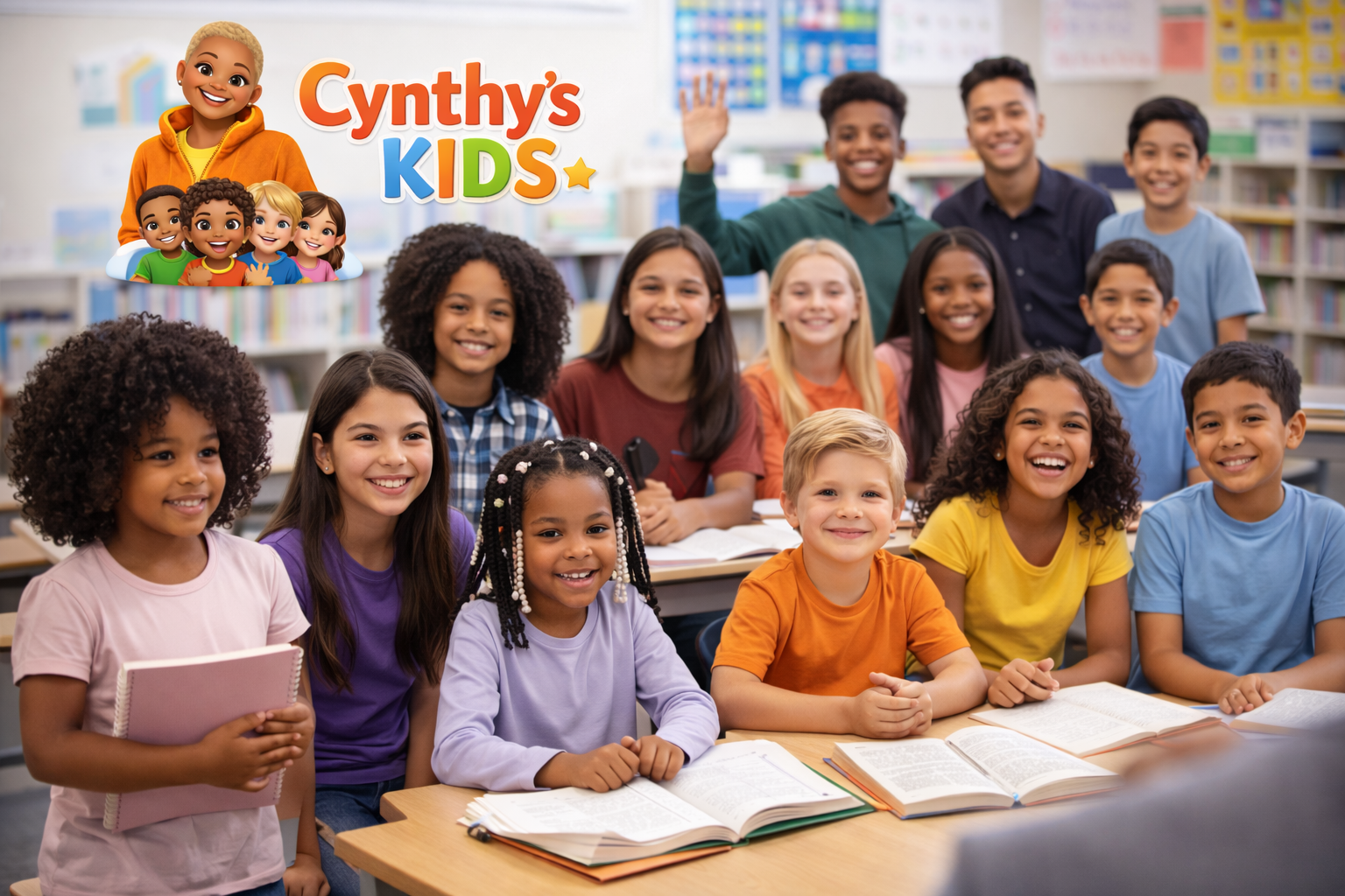 A classroom filled with diverse children smiling and looking towards the camera, with open books on the table. There is a colorful logo in the upper left corner that reads 'Cynthia's KIDS' with cartoon children included in the logo.