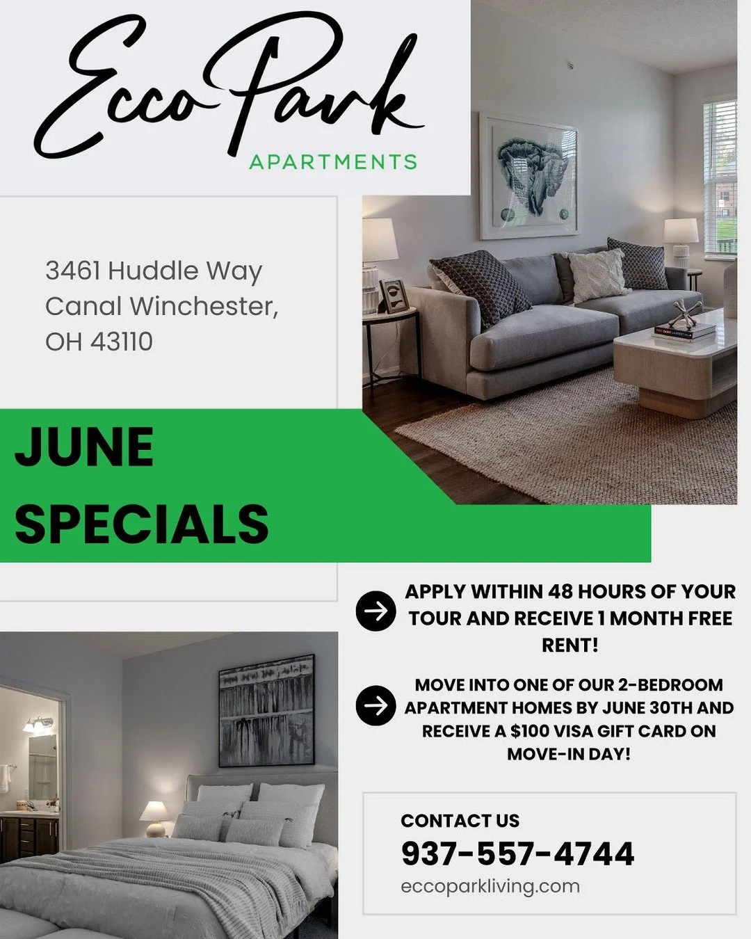 🌿 June Specials are here at Ecco Park Apartments! 🏡✨Looking for your next home? Now is the perfect time to make your move! Secure your new apartment and take advantage of these limited-time offers:✅ Apply within 48 hours of your tour and receive 1 