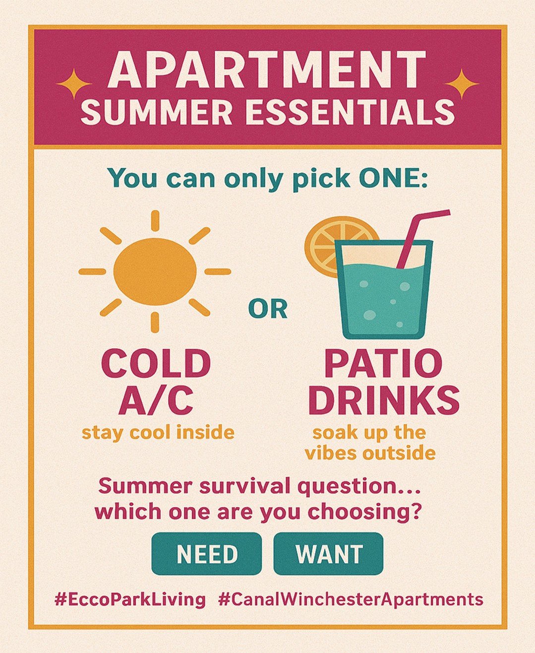 Summer survival question&hellip; which one are you choosing? 👀#EccoParkLiving #CanalWinchesterApartments