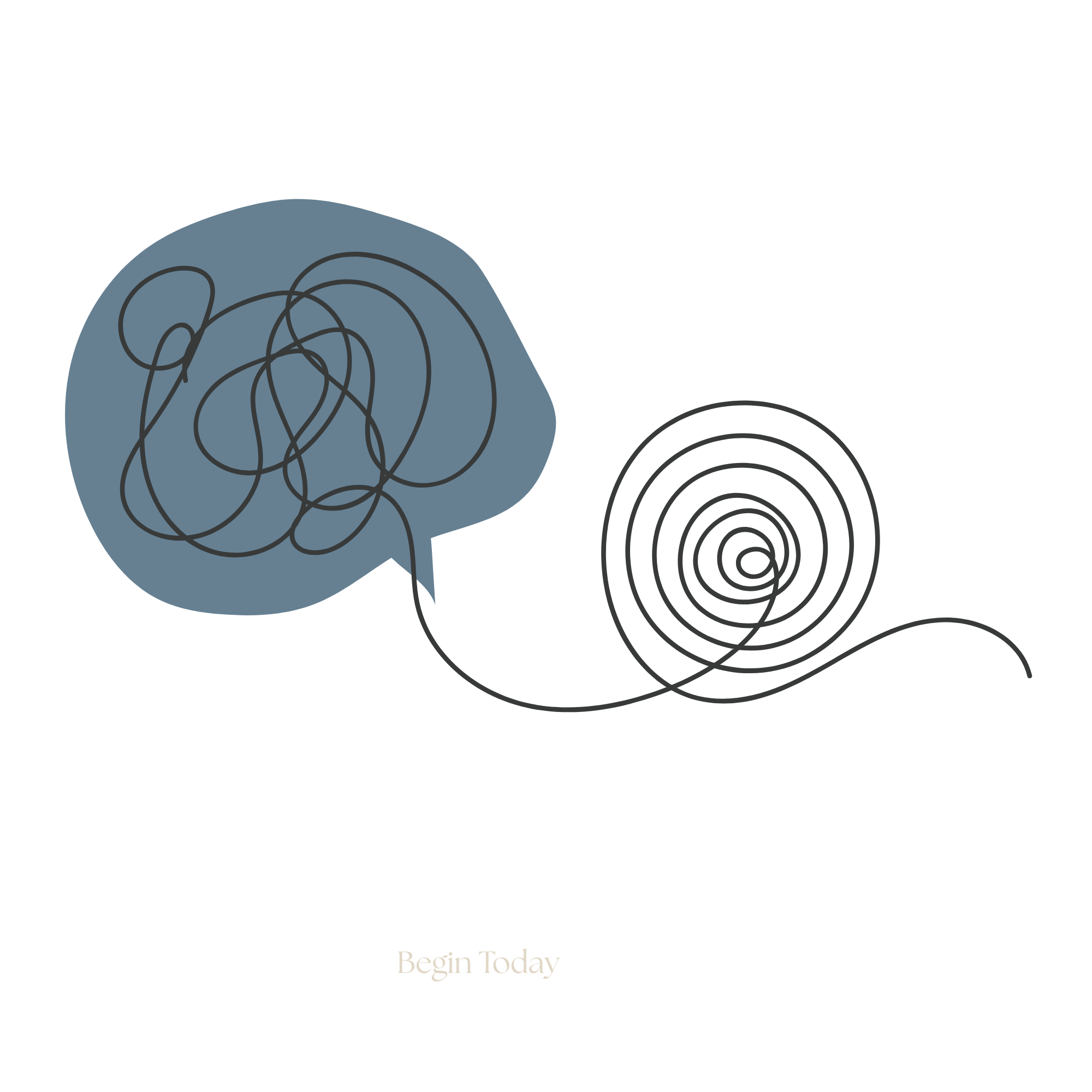 Black background with swirling line art of a brain and the line art untangling and becoming neat. Natalie Wan Untangling thoughts art.