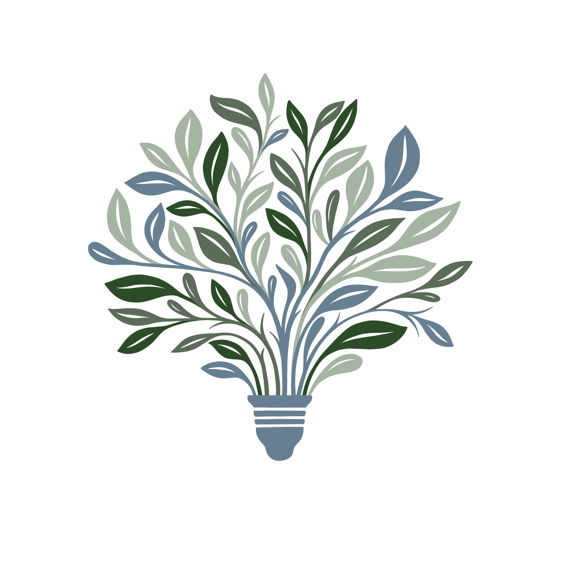 Illustration of a lightbulb filled with green, blue, and gray leaves.