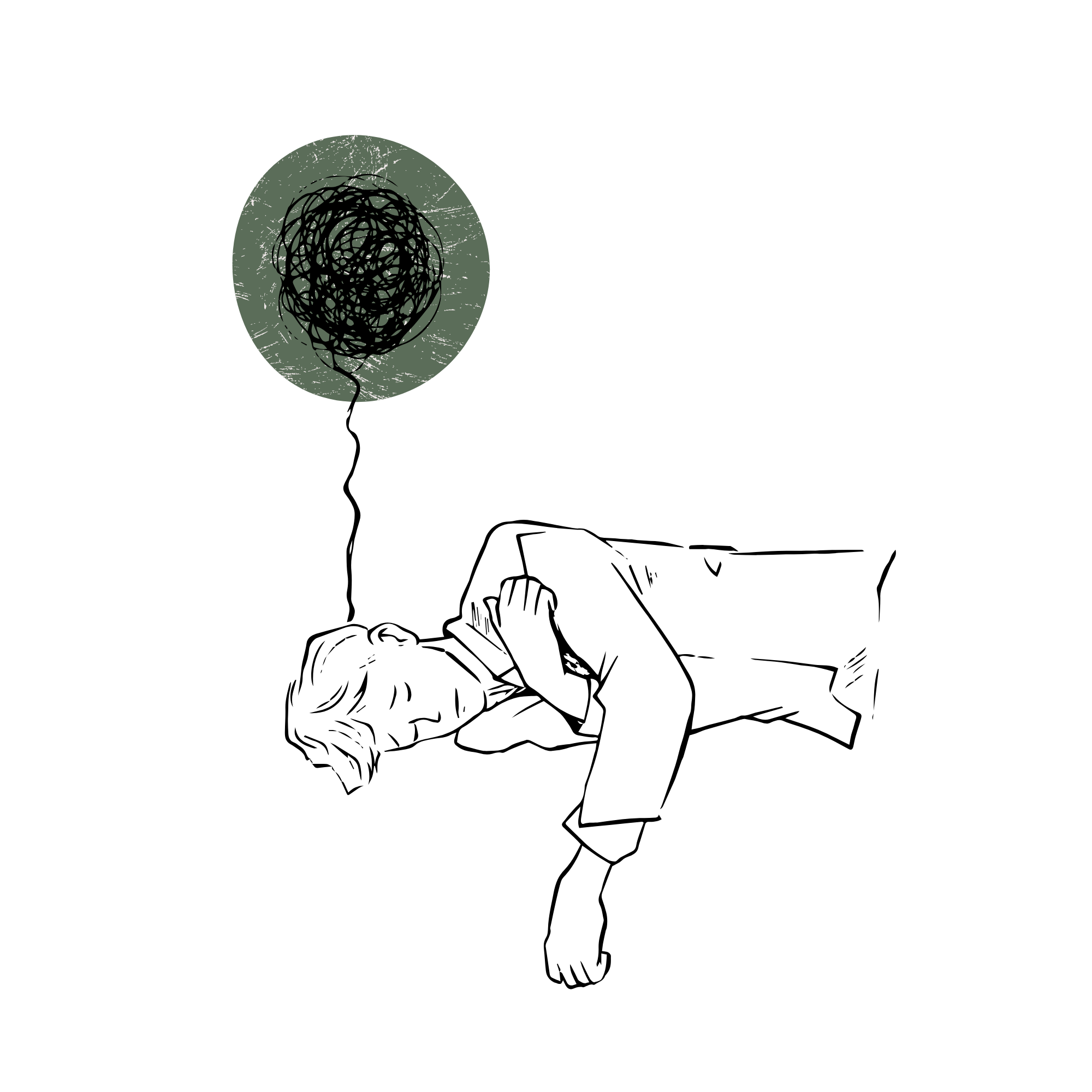 A black scribble or tangled line drawing on a greenish, speckled oval background set against a black backdrop.