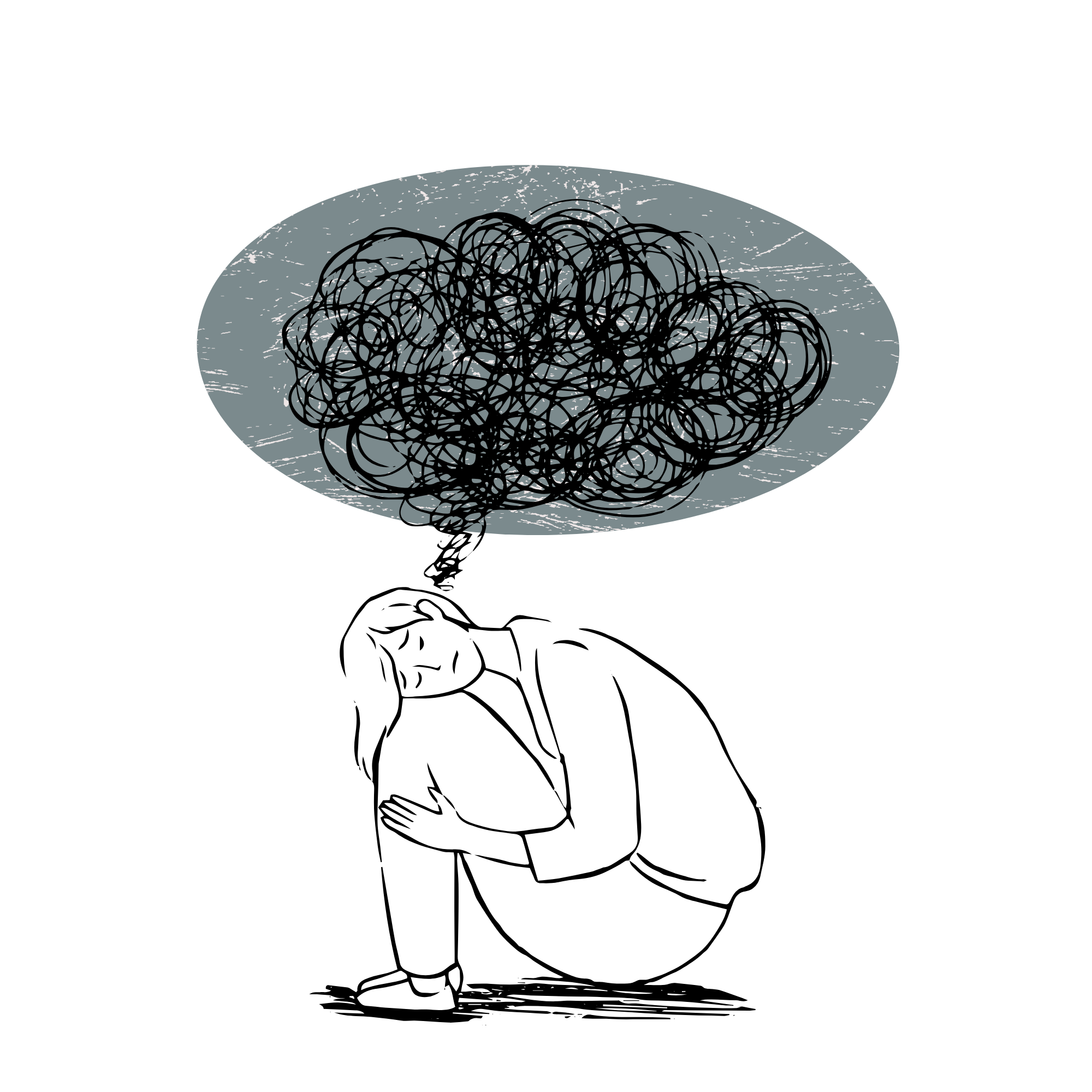 A black tangled scribble on gray background with textured oval shape around it.