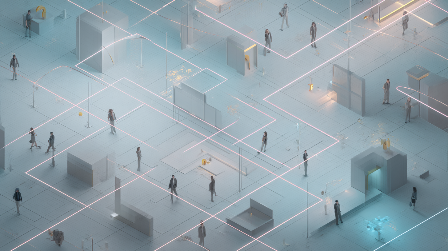 Aerial view of a modern, futuristic public space with people walking, illuminated pink lines on the floor forming a grid, and various structures.