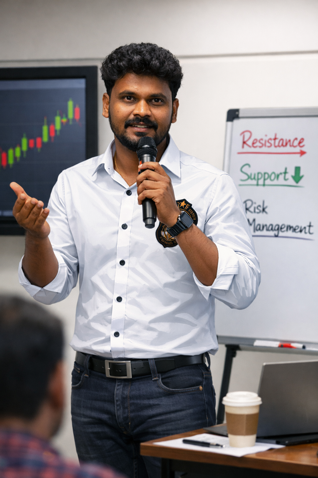 Man giving a presentation in a classroom or seminar room, holding a microphone with a flip chart in the background showing words 'Resistance', 'Support', 'Risk Management' and a chart displayed on a screen.