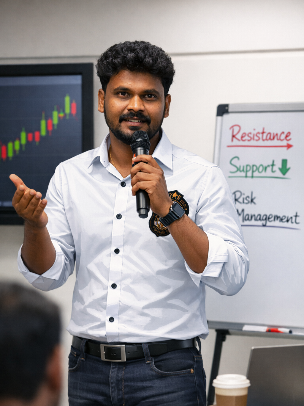 A man giving a presentation in a classroom, holding a microphone and gesturing with his right hand, with a whiteboard behind him displaying the words 'Resistance,' 'Support,' 'Risk Management,' and a stock chart on a monitor.