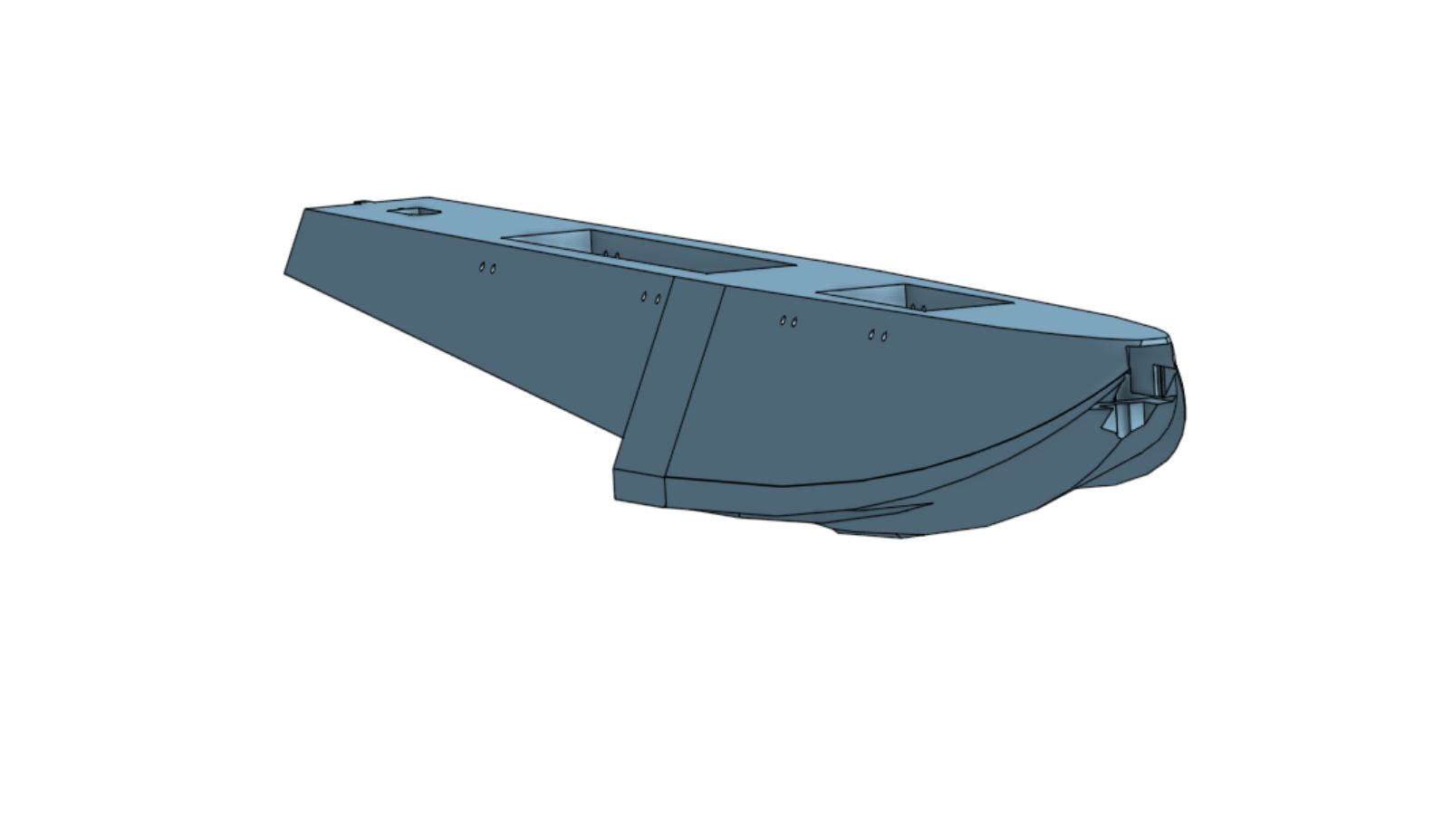 3D model of a blue military ship hull with a low profile and angular design.