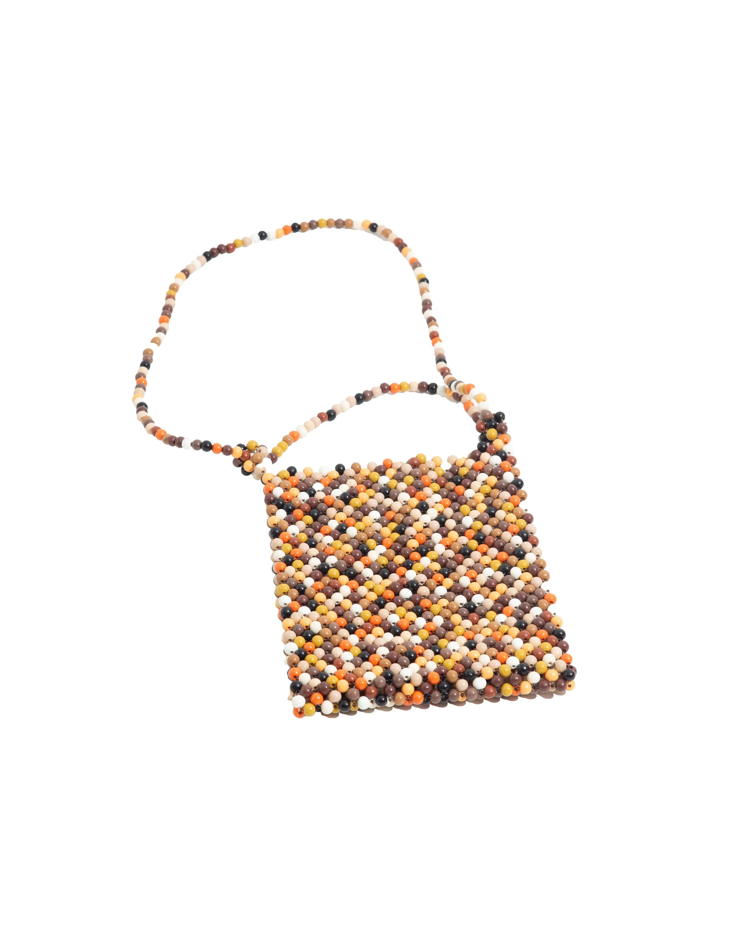 A small handbag made of multicolored beads, featuring a beaded strap, against a white background.
