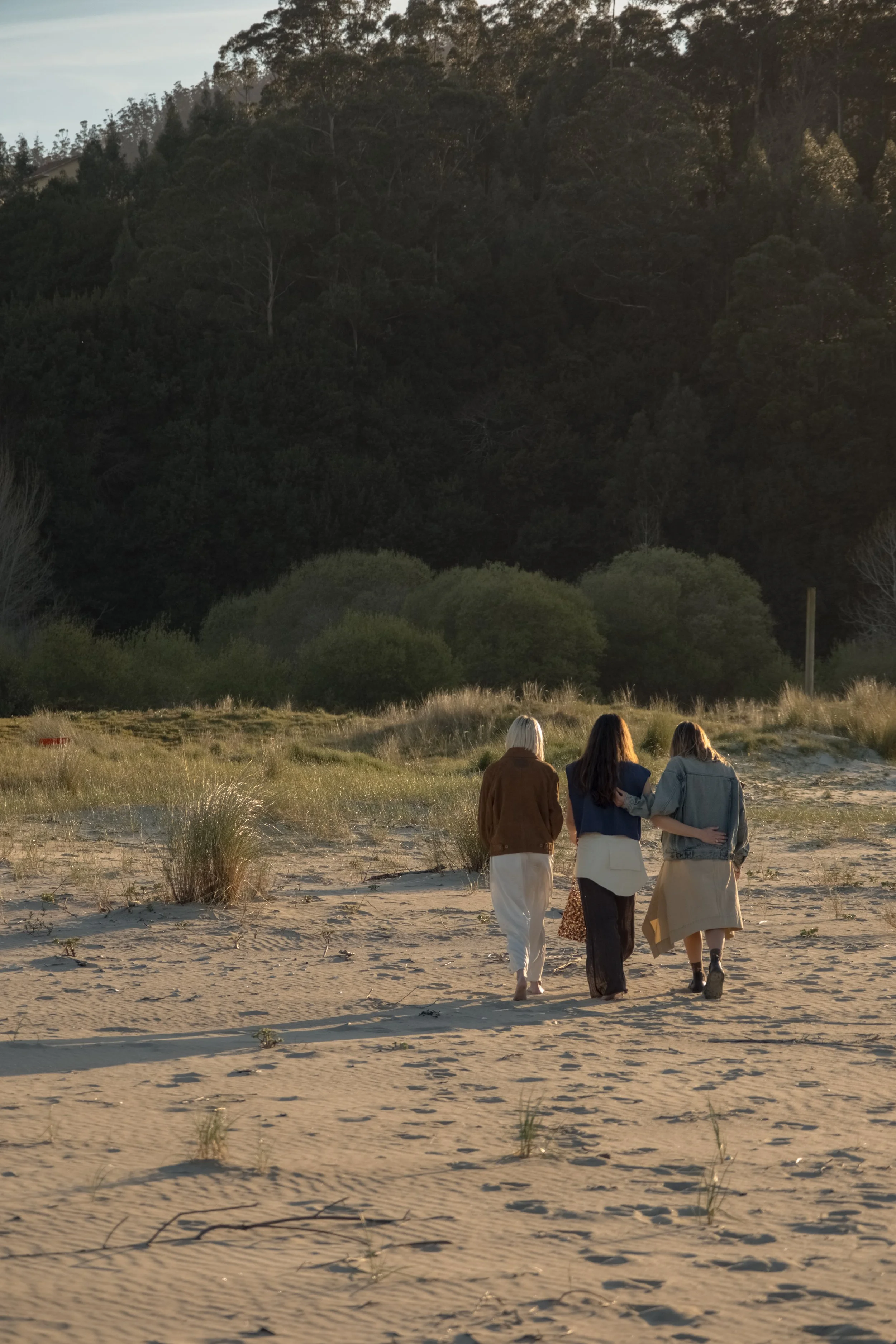 Three women walking on a sandy beach with grass and bushes, back view, with a forested hill in the background, during late afternoon or early evening.