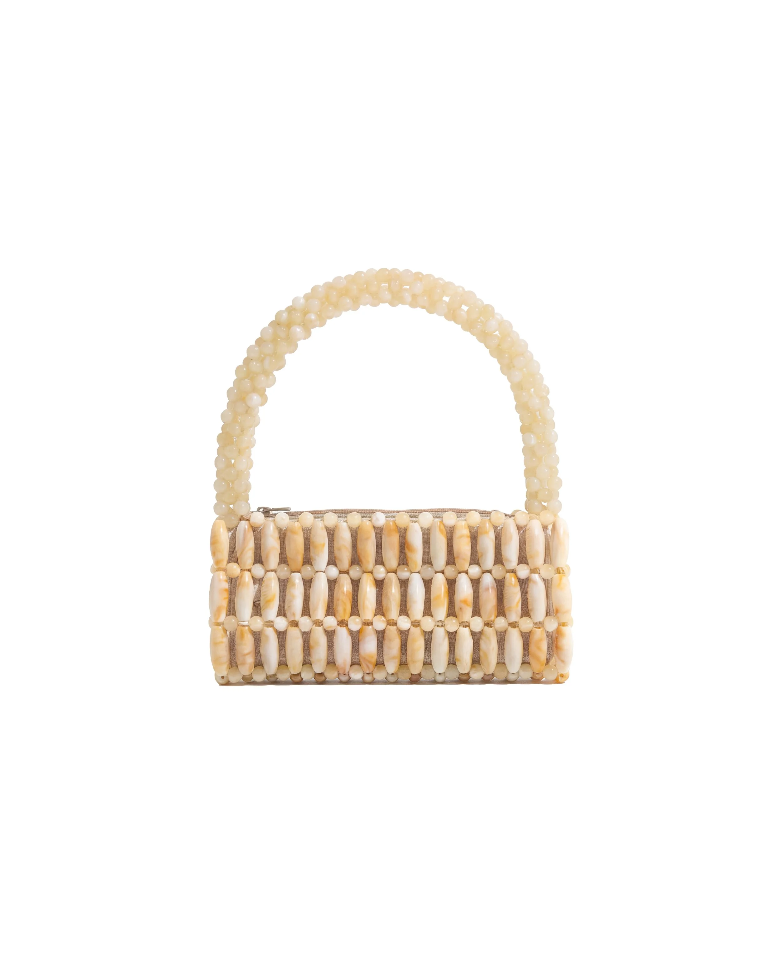 Small handbag decorated with seashells and beads, with a shell-covered handle.