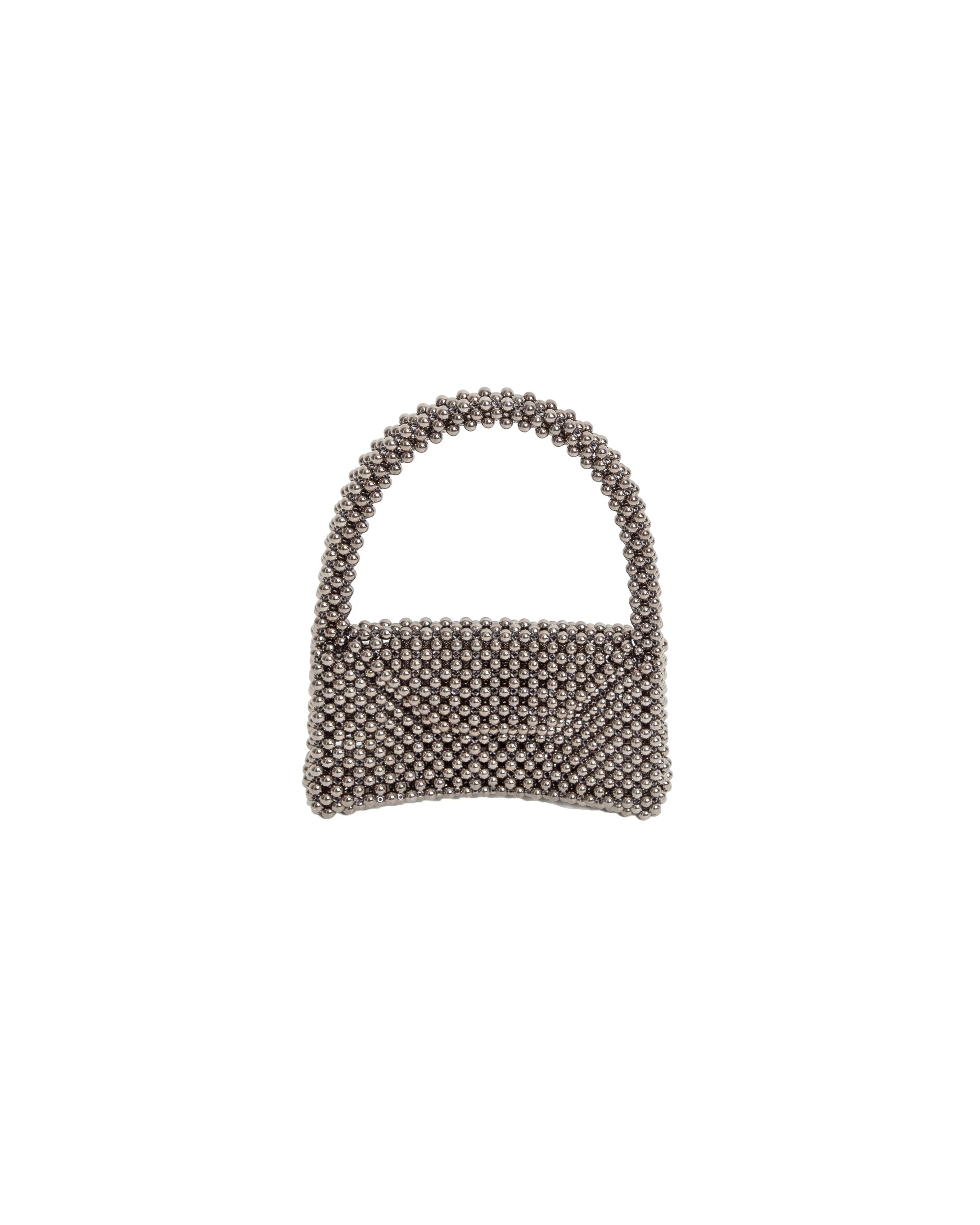 A small handbag covered in silver-colored metal beads, with a rounded handle and a front flap closure.