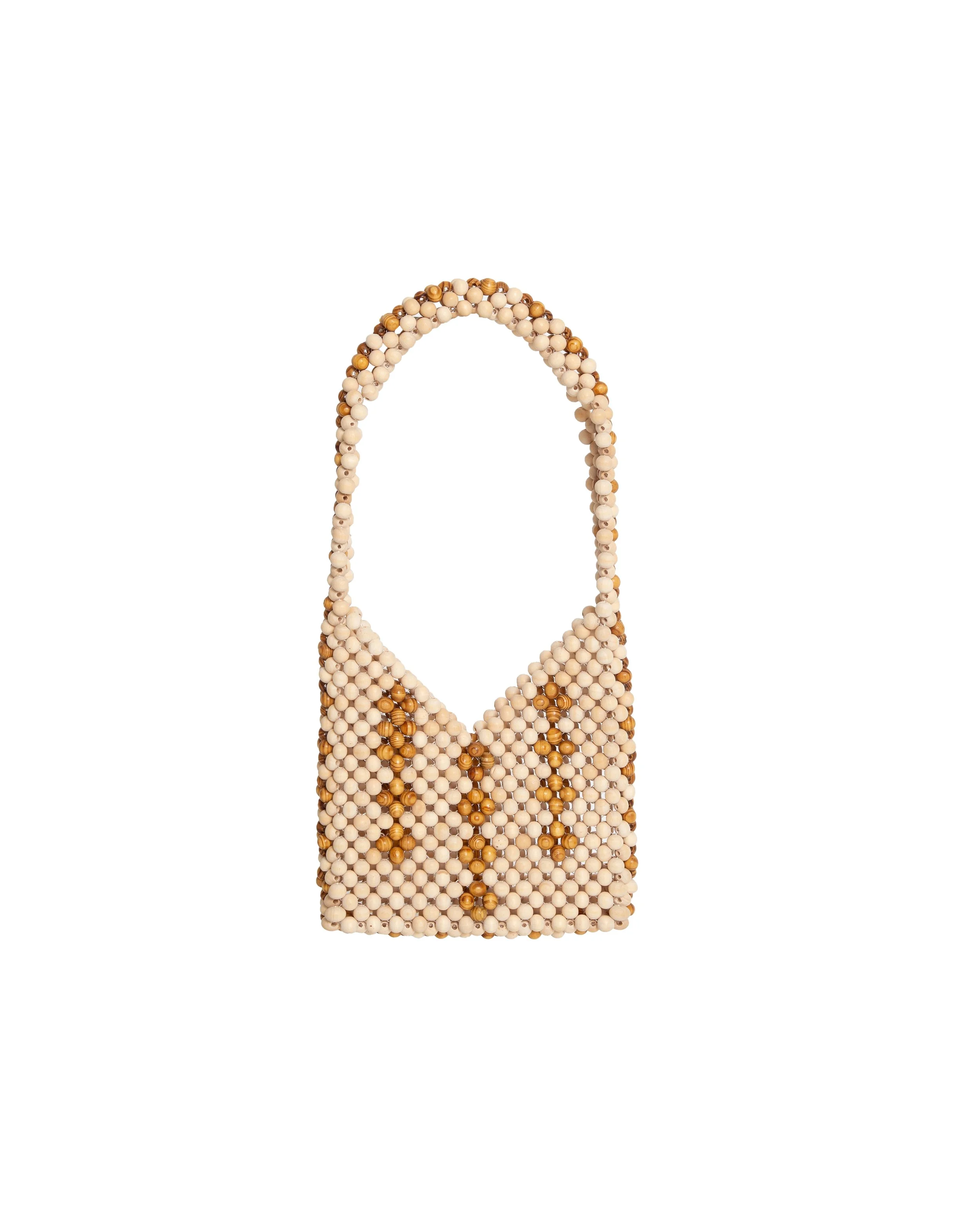 Beaded handbag with a beige base and brown accents.
