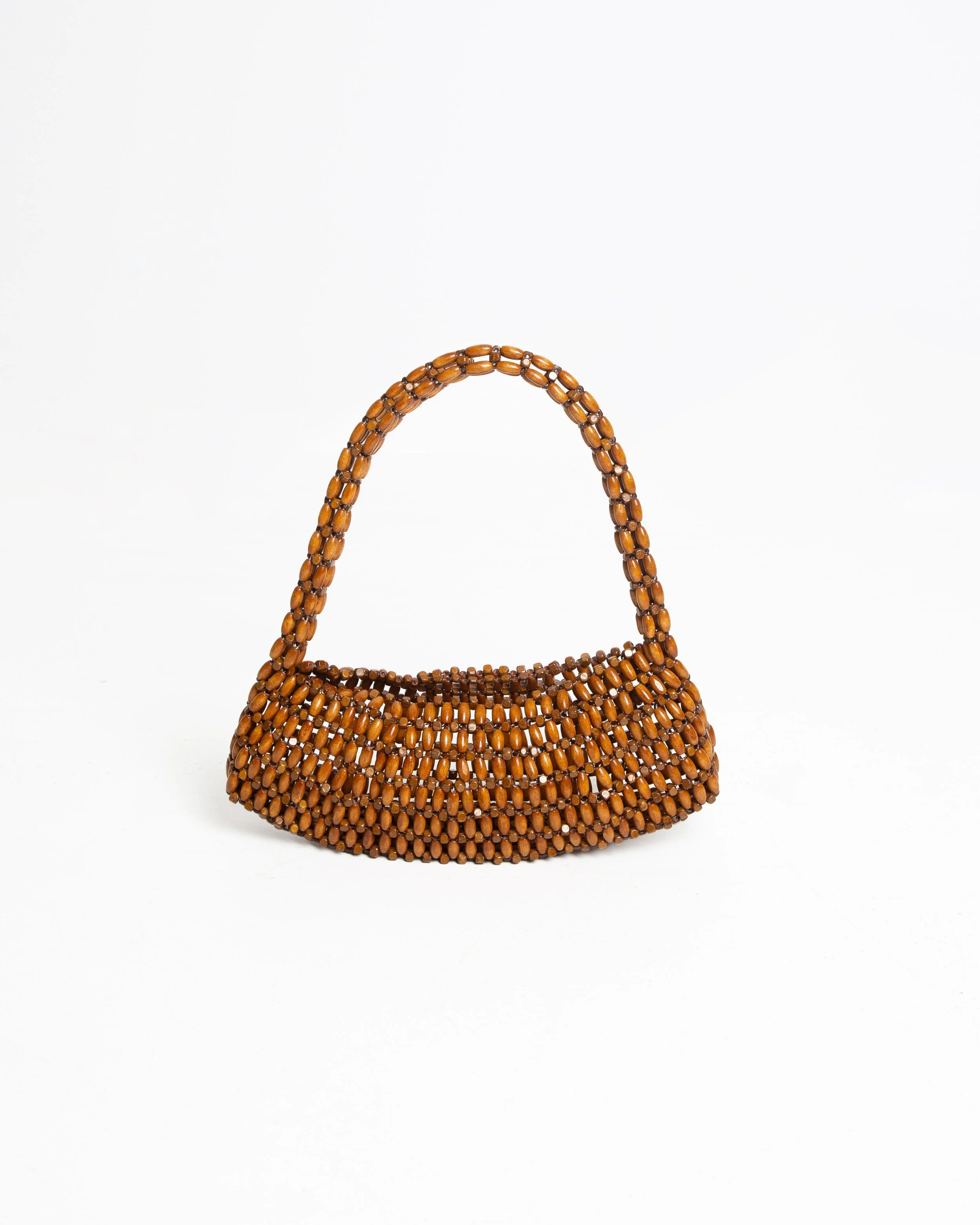 Brown beaded handbag with a curved handle displayed against a white background.