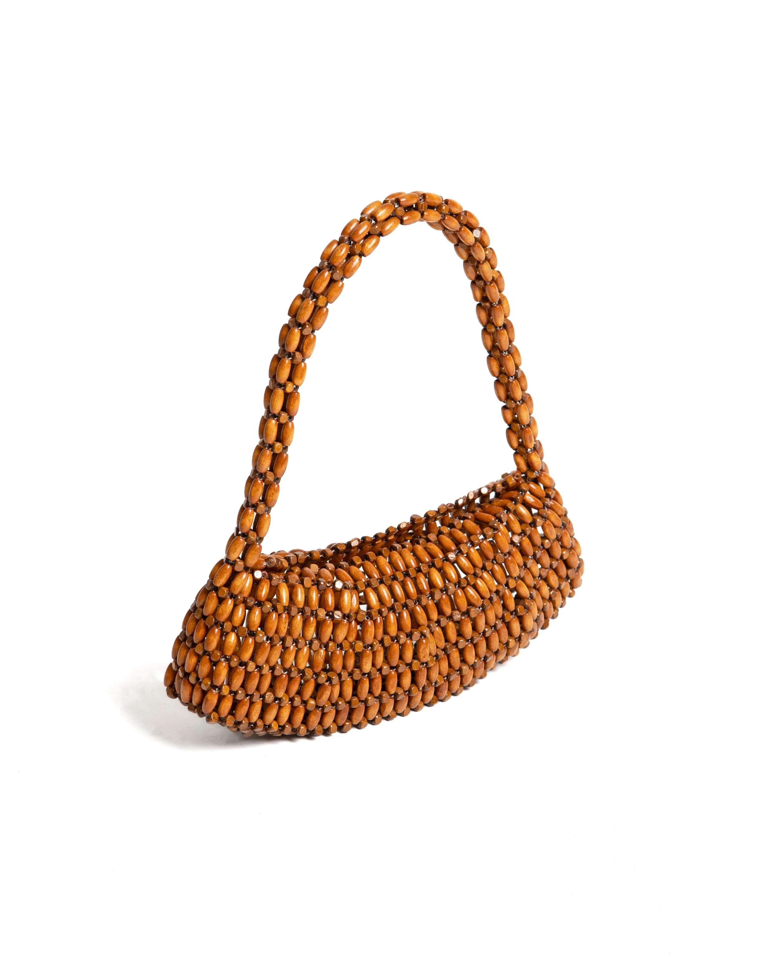 Beaded handbag made of small brown beads with a curved shape and a single handle.