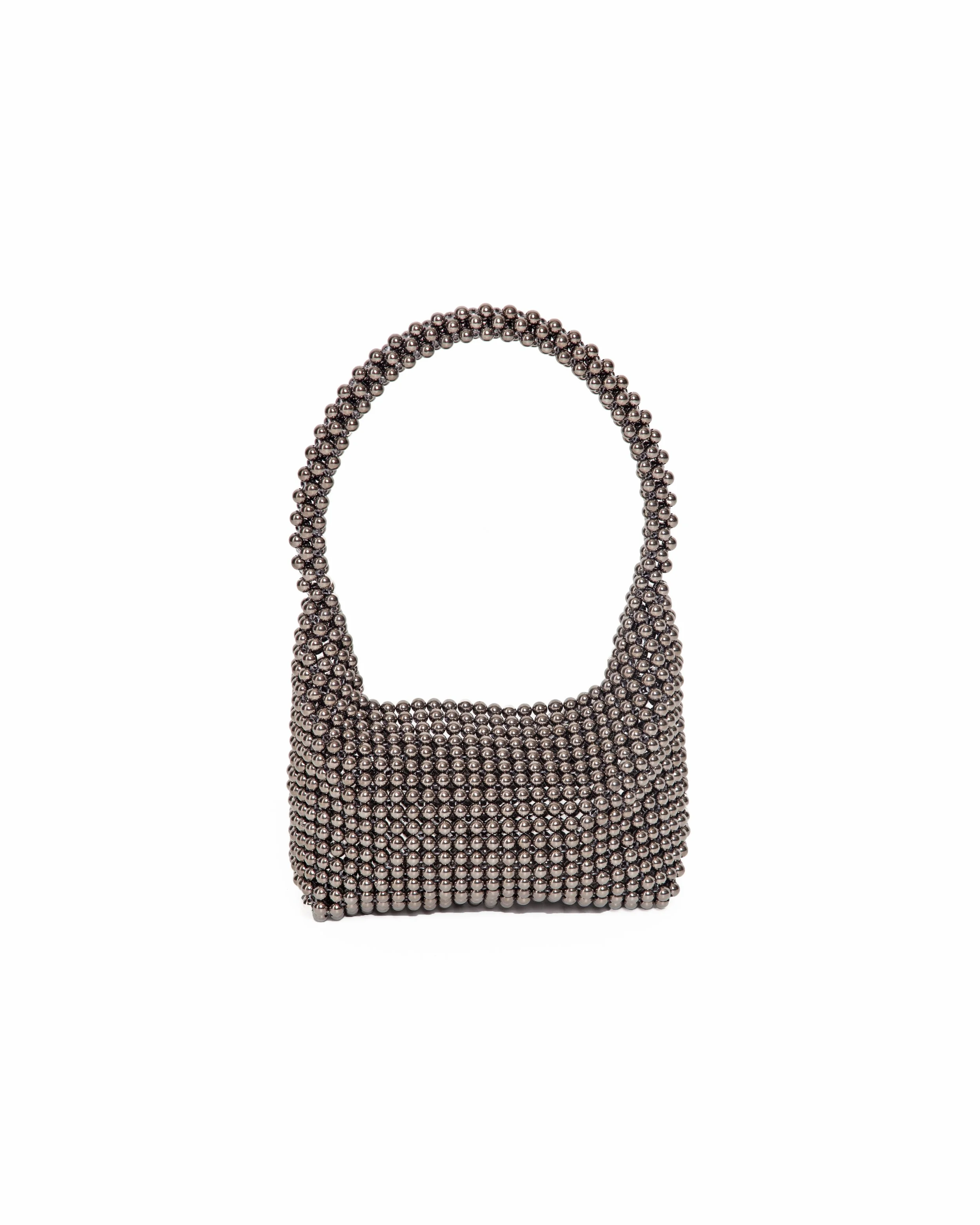A handbag made of metallic silver beads.