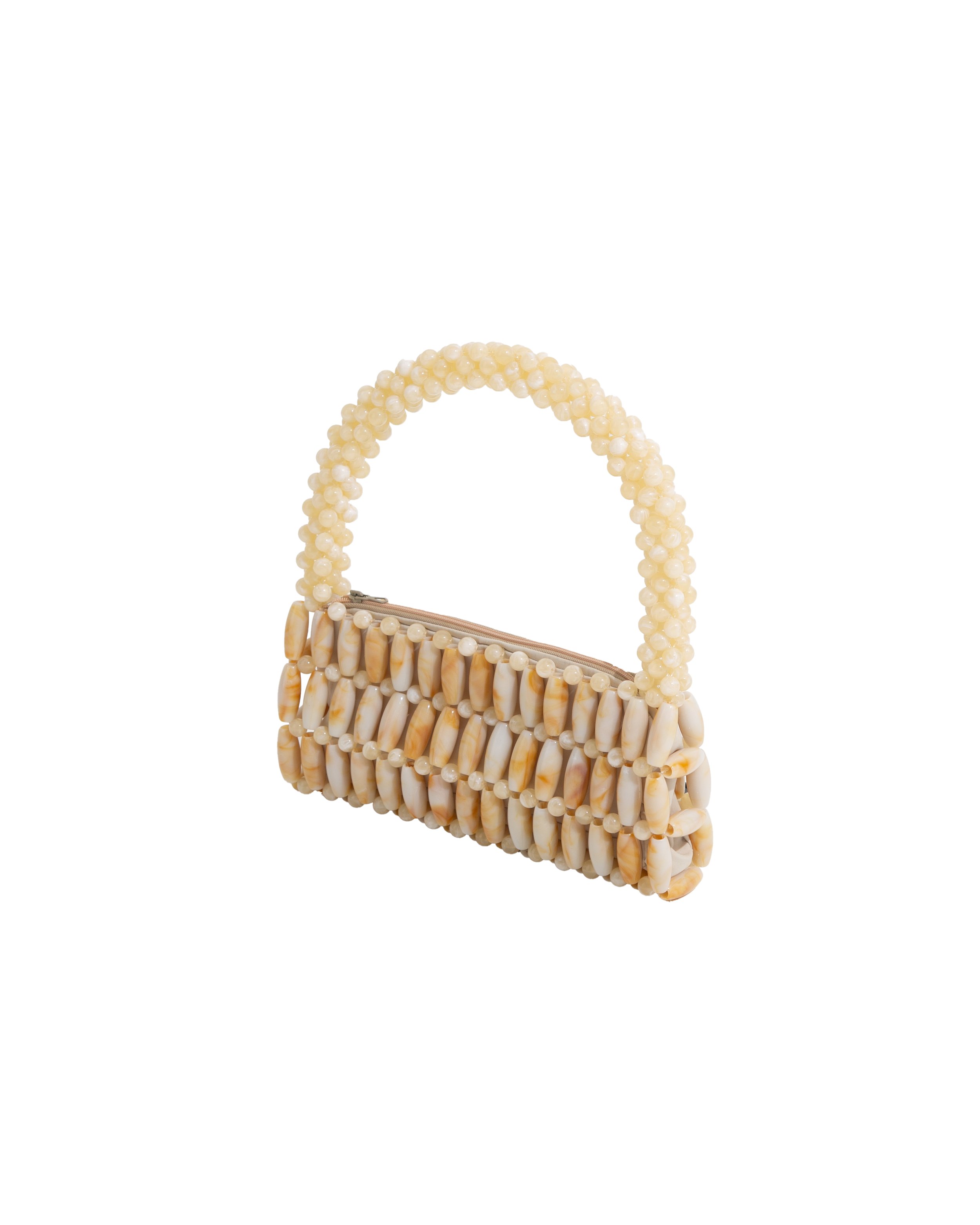 Beaded handbag with shells and a pearl handle.