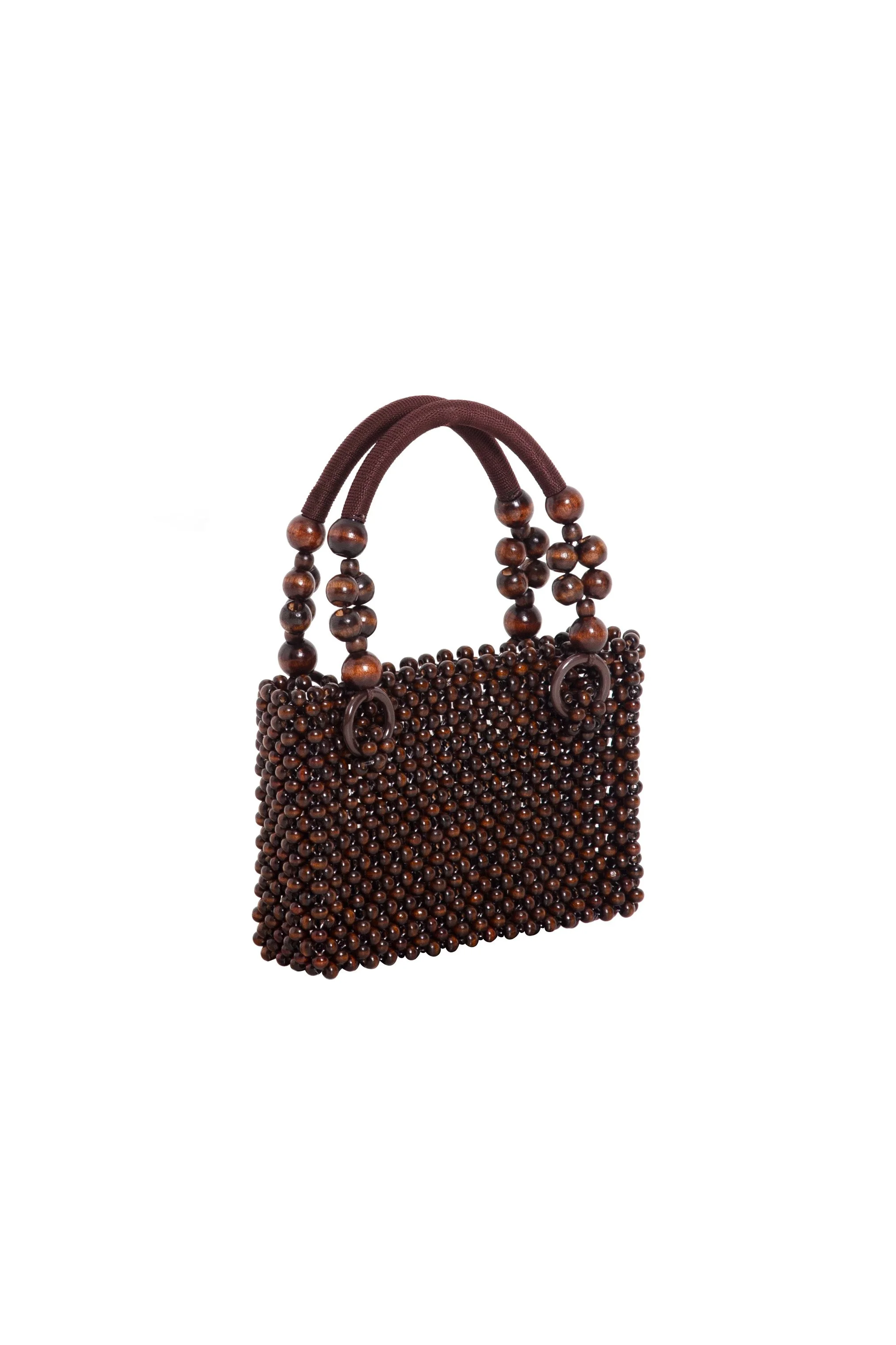 A handbag made of small dark brown beads with a handle decorated with larger wooden beads.