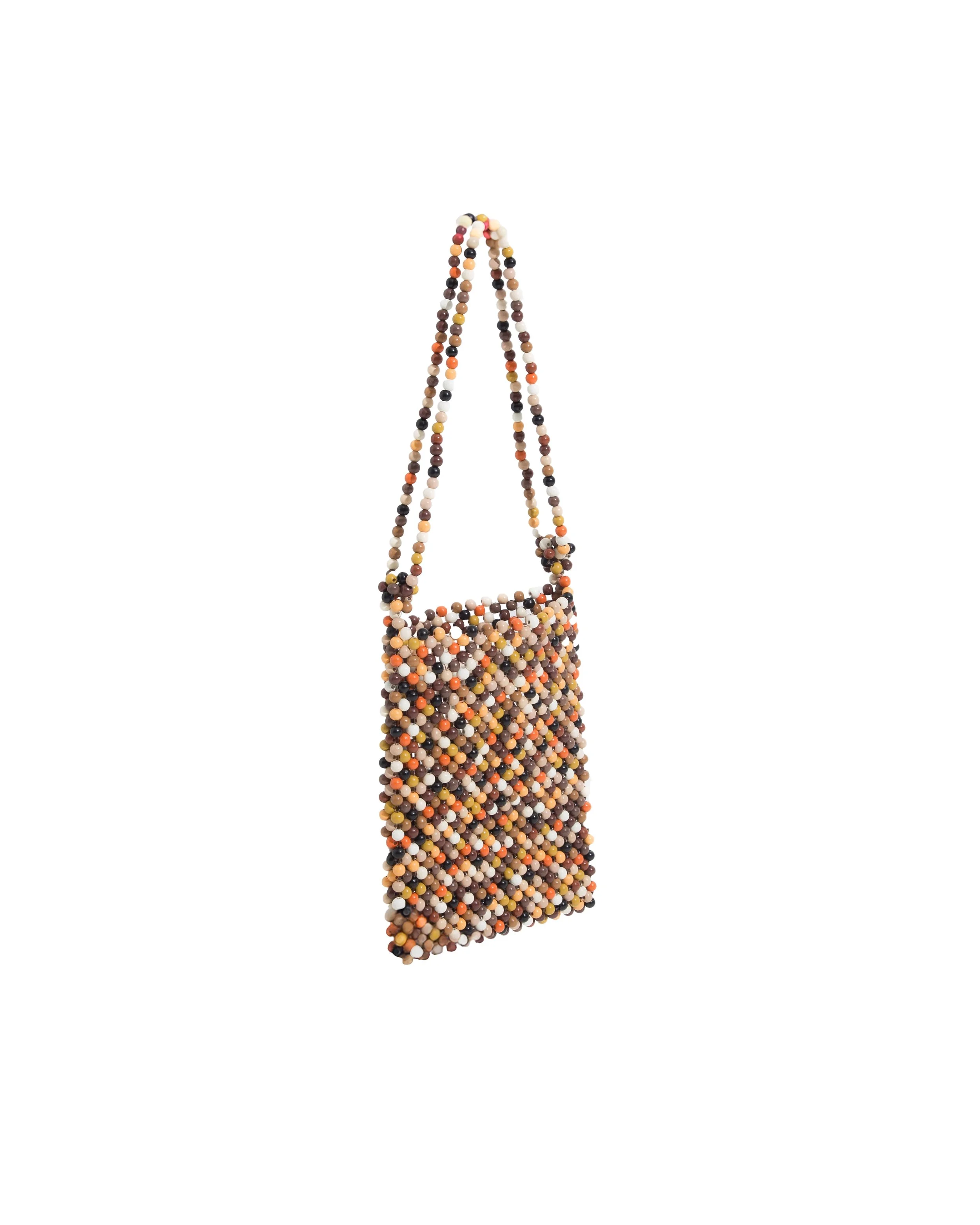 A handbag made from small, multicolored beads.
