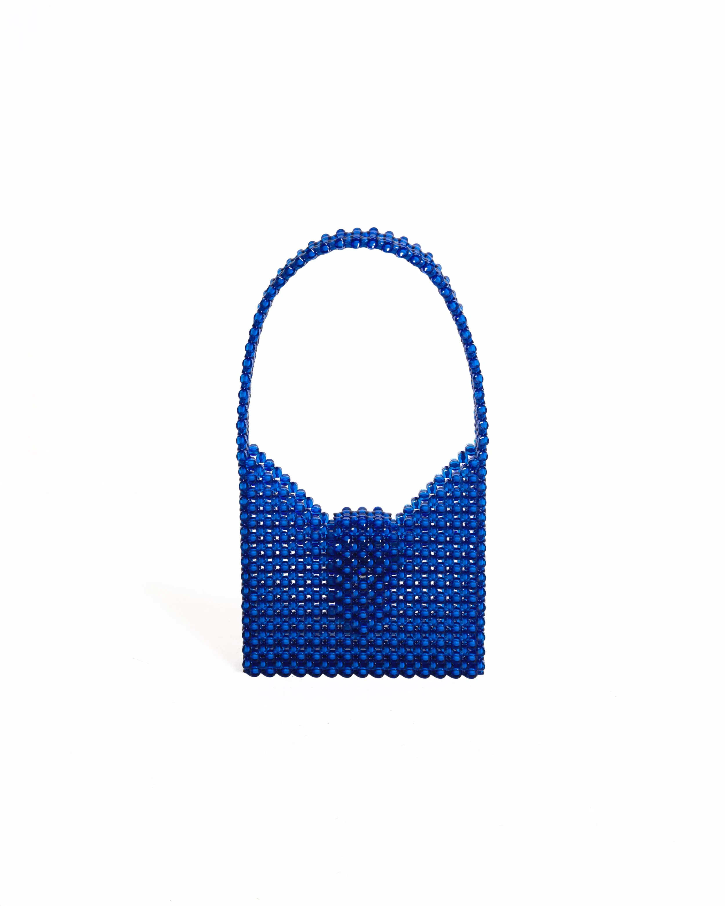 Blue beaded handbag with a bow clasp on a white background.