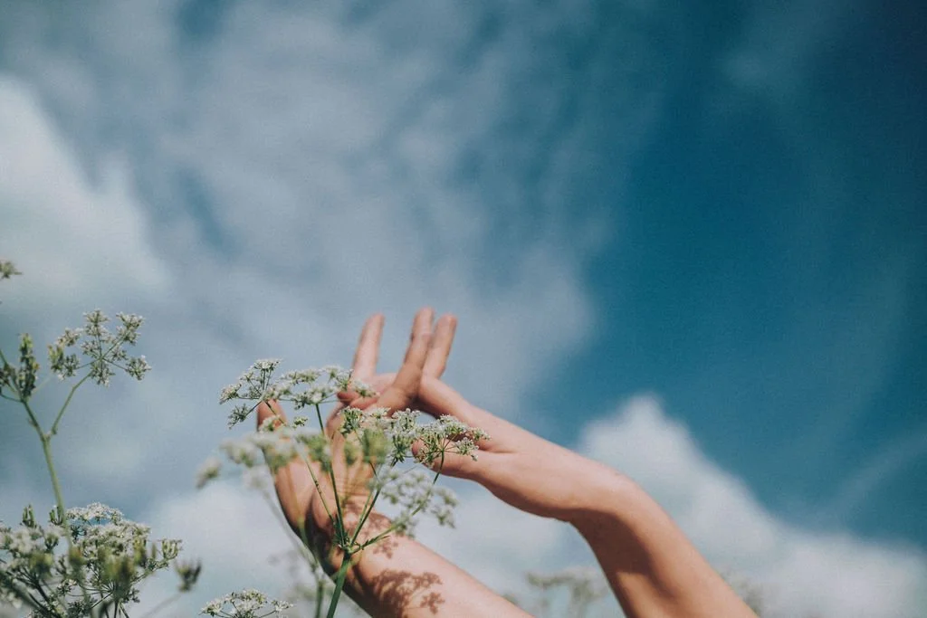 A person's hands intertwined with wildflowers under a partly cloudy sky.