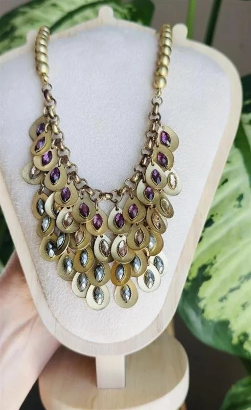 Vintage R.J. Graziano bib necklace, gold tone tear drop fringe statement necklace