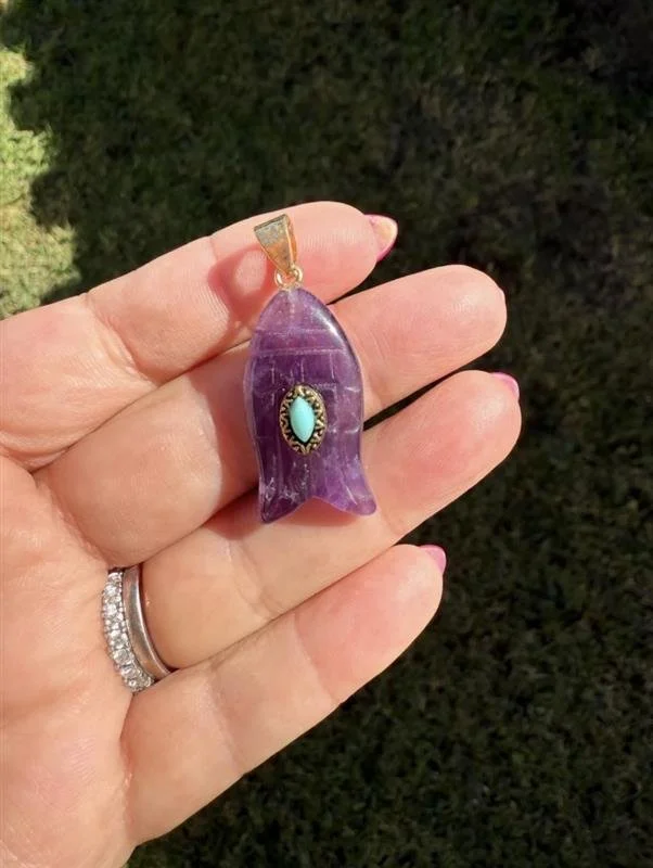 Amethyst Fish Charm | Hand Carved Gemstone Pendant with Turquoise