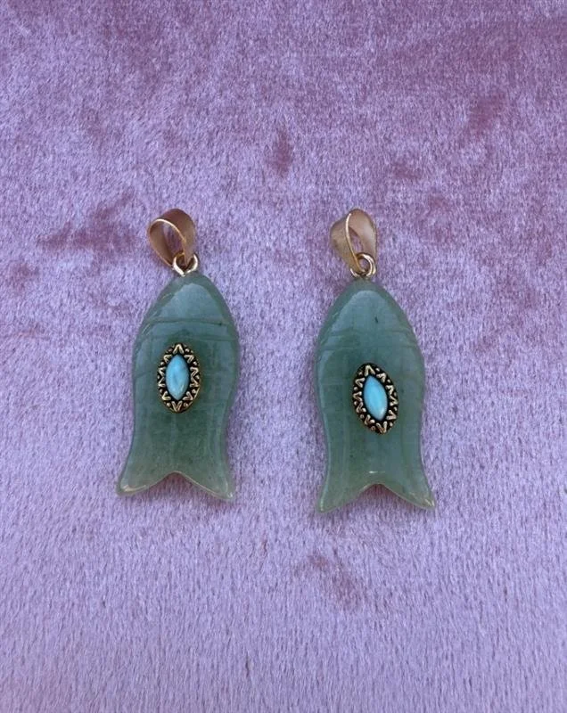 Hand Carved Aventurine Fish Charm | Turquoise Accent, Healing Crystal
