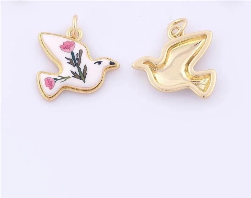 Gold Enamel Peace Dove Charm: 18K Gold Filled Flower Pendant (20.8x18x5.2mm)