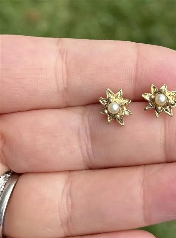 Vintage 14k Gold Filled Starburst Earrings, Retro Cabochon Studs