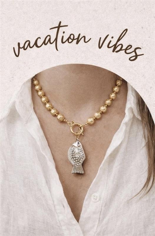 Chunky Gold Beaded Fish Charm Necklace, Coastal Statement Jewelry