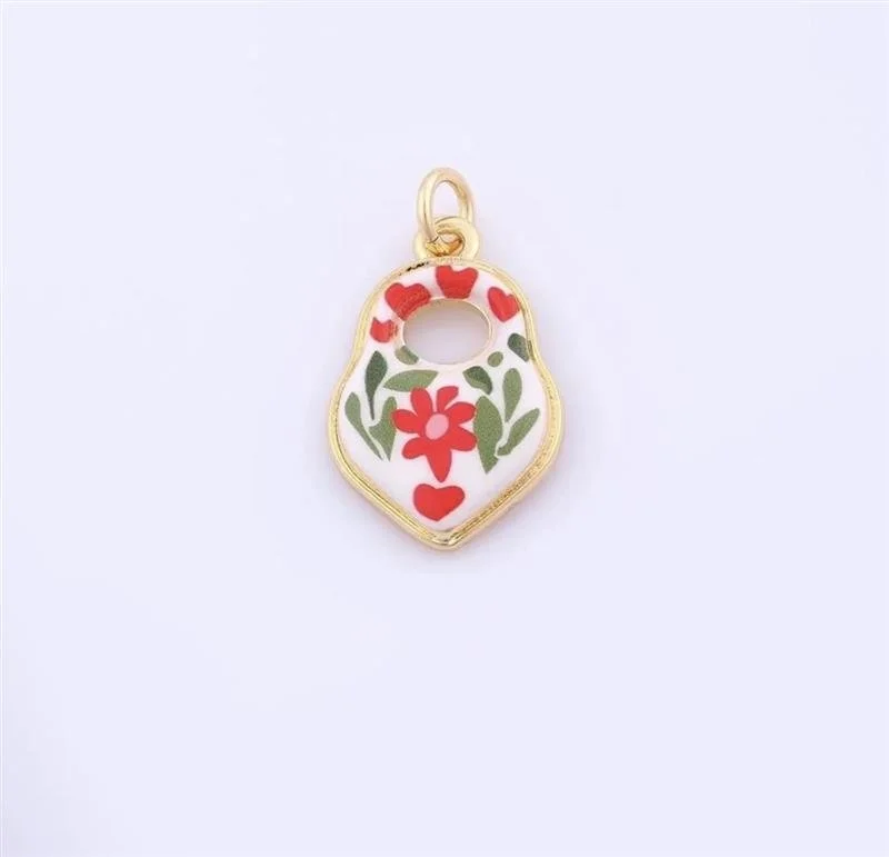 Gold Enamel Heart Lock Charm: 18k Gold Filled Flower Pendant