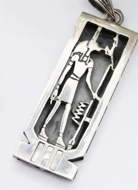 Vintage Egyptian Sterling Silver Pendant-Hieroglyphic Cartouche with Anabis-Large Silver Egypt God Necklace-Ancient Symbol Jewelry
