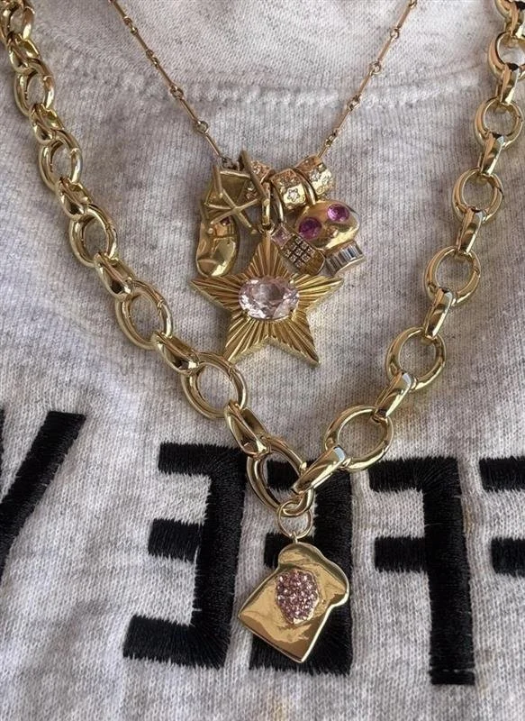 Gold Toast Charm • 18K Plated, Pink CZ Jelly, Food Jewelry
