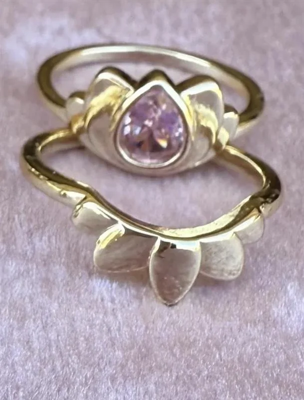 Lotus Flower Ring Set, Teardrop Pink Sapphire Gemstone
