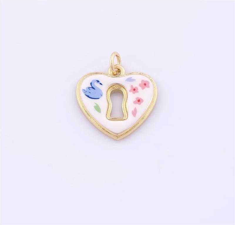 Gold Enamel Heart Lock Pendant: 18k Gold Filled Charm (22.7x13x2.6mm)