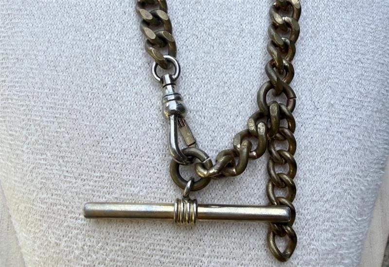 Vintage gold watch chain | Antique swivel fob T-bar necklace | chunky Albert chain