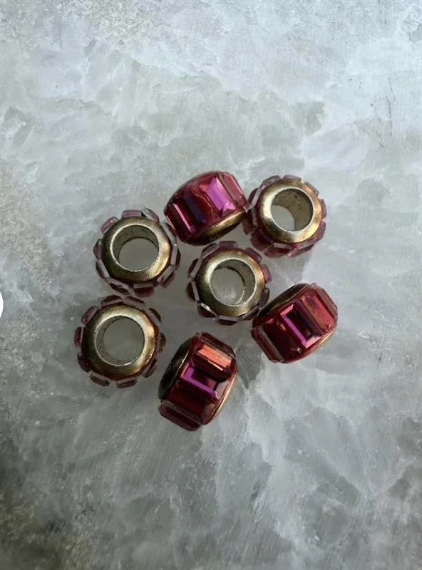 Pink Baguette Rhinestone Spacer Beads • Gold Trim Rondelles