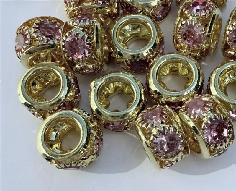 Pink Rhinestone Spacer Bead • Gold Trim Rondelle (10mm)