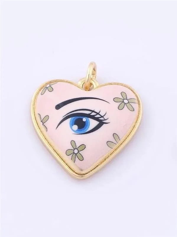 Gold Enamel Heart Pendant: Eye & Flower Charm, 18k Gold Filled